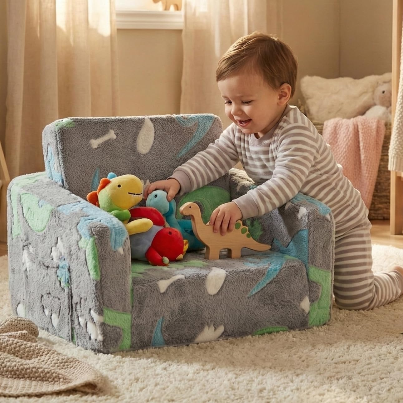 Baby Toddler Couch Chair Kids Foldable 2-in-1 Toddler Fold Out Couch Sofa for Playroom Pull Out Children Convertible Sofa to Lounger Chair for Boys & Girls with Side Pockets, Glow in the Dark Dinosaur