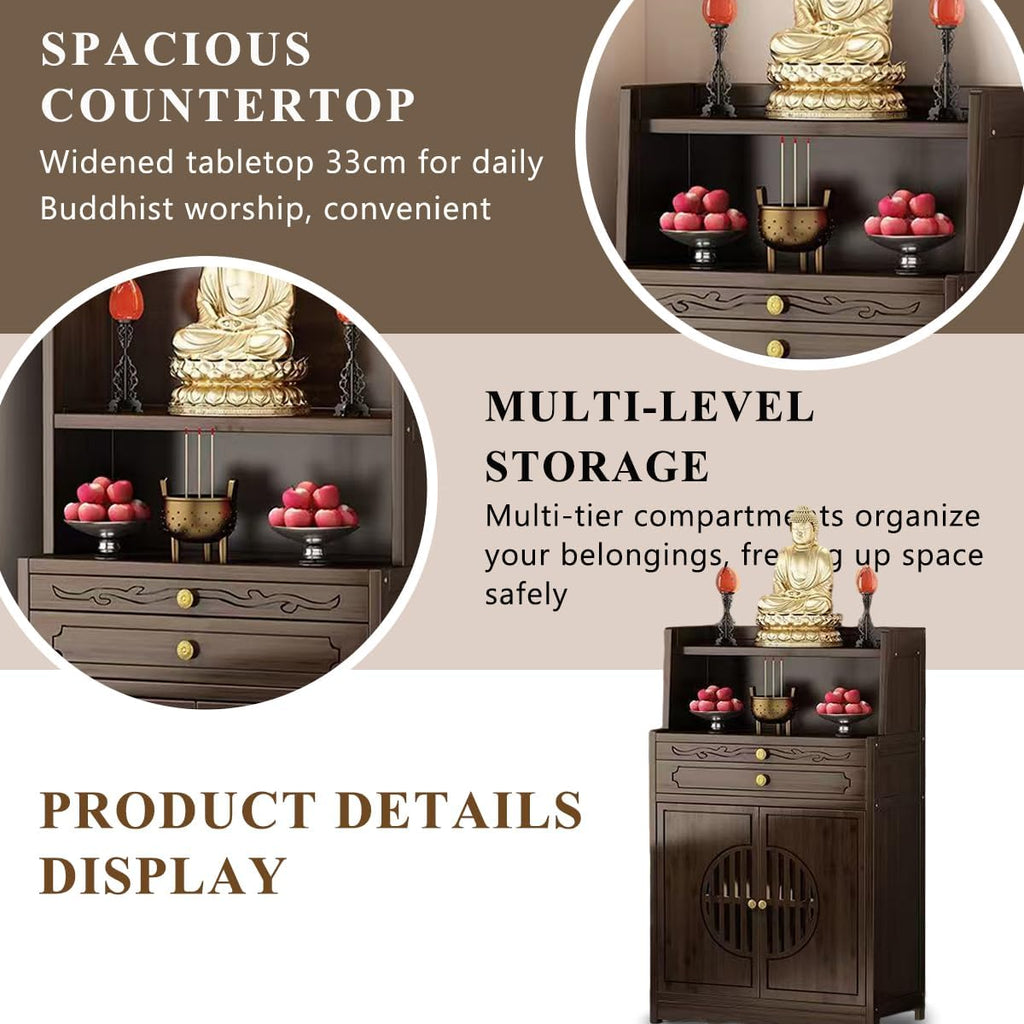 Bamboo Buddhist Altar Table for Home - Meditation Table with Cabinet Door, Chinese for Altar Pooja Tables High Altars with Storage (Ruyi Style)