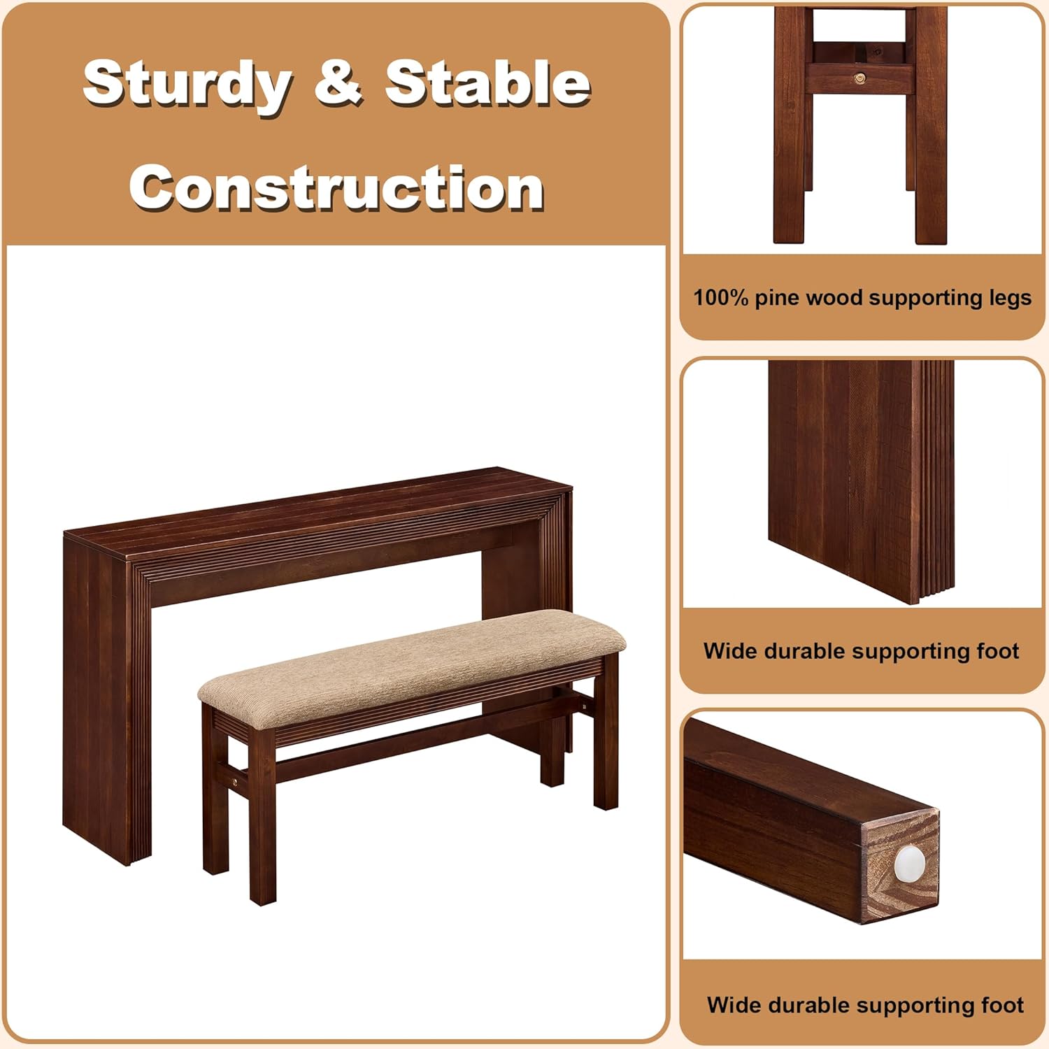 Console Table with Stools Counter Height Bar Table Set for 2, Dining Sofa Table Behind Couch Bar Table Set for Kitchen, Living Room, Walnut