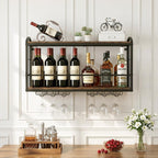 Wall Mounted Wine Rack, Floating Bar Shelf with 2 Tier Wood Shelves and Wine Glass Holder, Rustic Industrial Wine Storage Organizer for Kitchen Dining Room Home Bar (Model B)