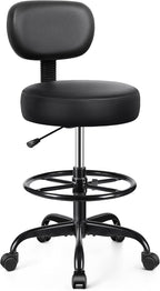 Brick Attic Drafting Chair with Backrest – Adjustable Foot Rest Rolling Stool with Wheels, PU Leather Swivel Stool for Office Spa Studio Lab Counter Salon Home Work Bar Kitchen Shop(Black)