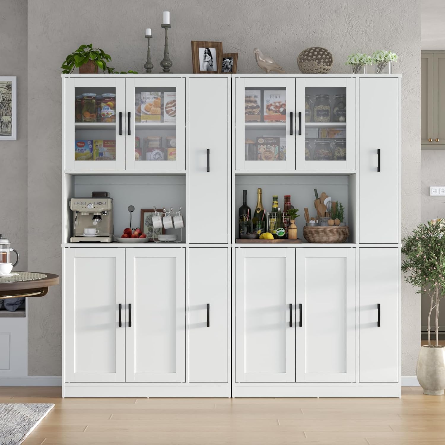 Gyfimoie 68" Tall Kitchen Pantry Cabinet with Side Drawer, Kitchen Pantry Storage Cabinet with Acrylic Door,Freestanding Food Hutch with Microwave Stand for Dining Room (White)