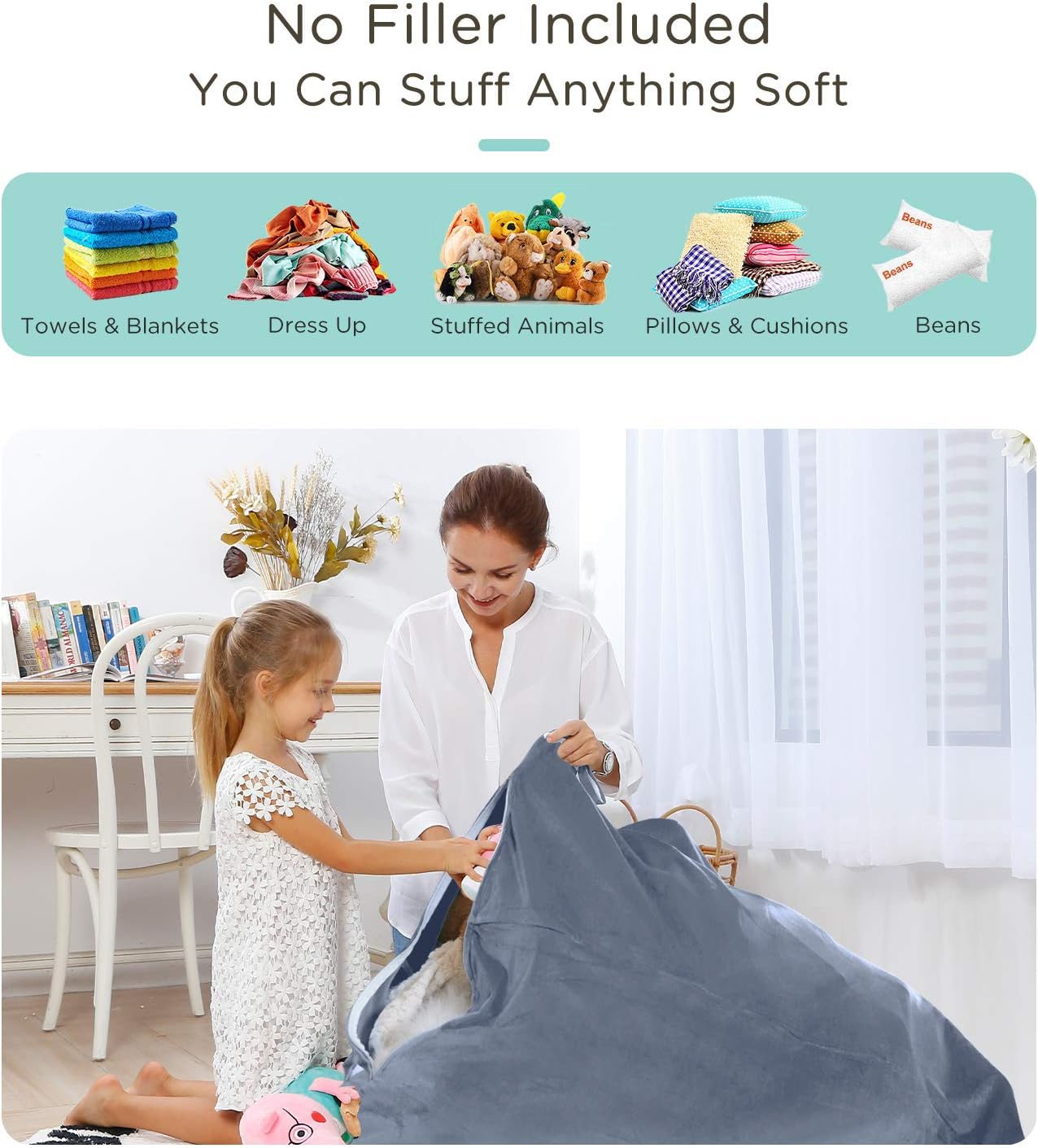 Aubliss Stuffed Animal Storage Bean Bag Chairs Cover, 50"x 35" Extra Large Velvet Bean Bags Chair for Kids & Adults, Ultra Soft Zipper Beanbag Toy Storage for Boys Girls - Grey