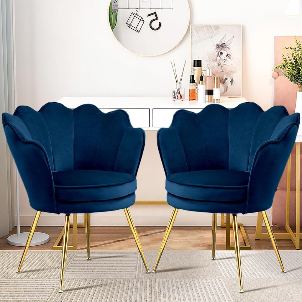 Czlolo Accent Chairs Set of 2, Velvet Vanity Chair with Back, Mid-Century Modern Small Accent Chair for Living Room, Golden Metal Legs Upholstered Makeup Chair, Bedroom Armchair, Dark Blue