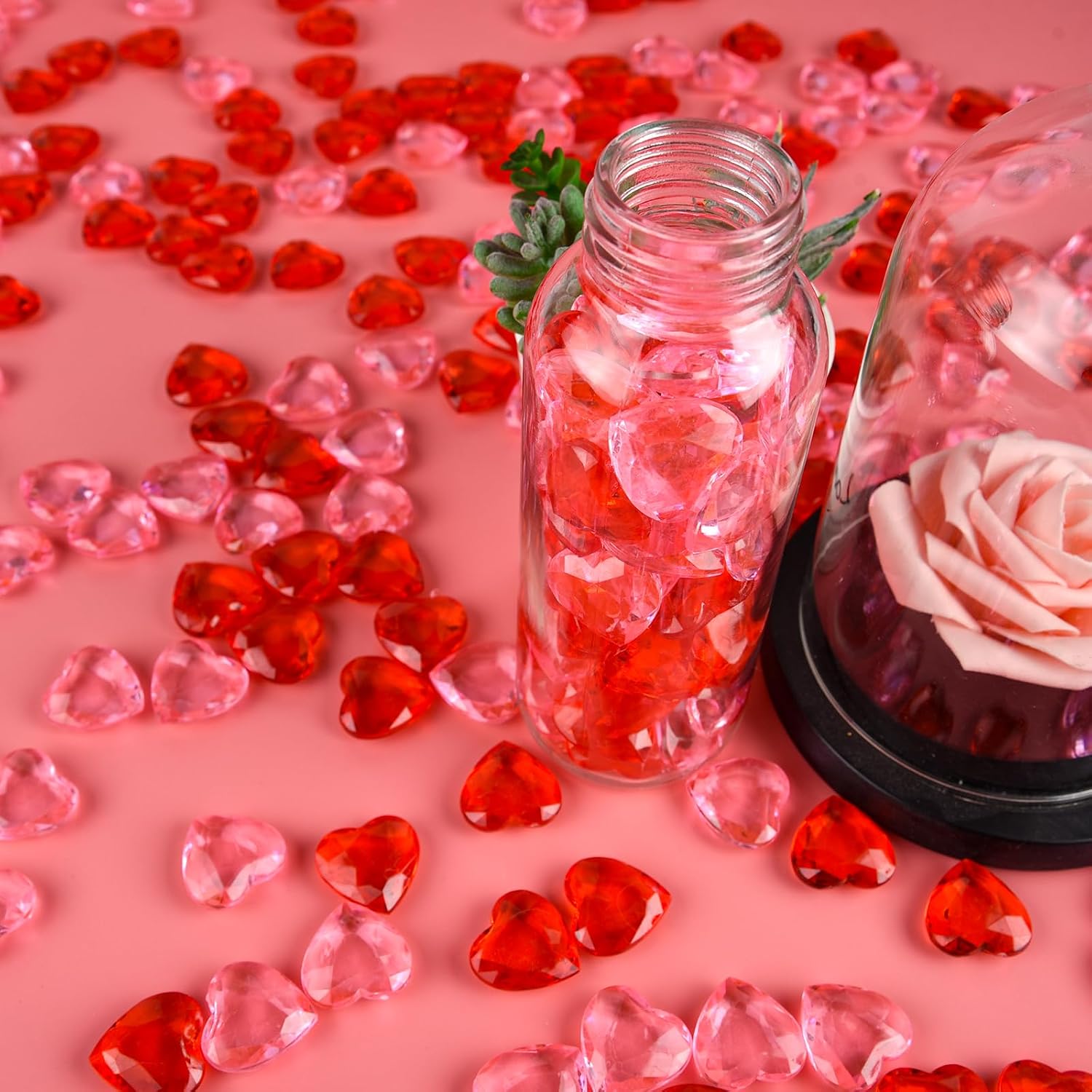 CHRORINE Red＆Pink Acrylic Heart Ornaments Translucent Hearts Shaped Gems Crystals for Table Scatter Decoration/Artwork/Vase Fillers in Valentine's Day/Home Decor/Wedding Party-70PCS