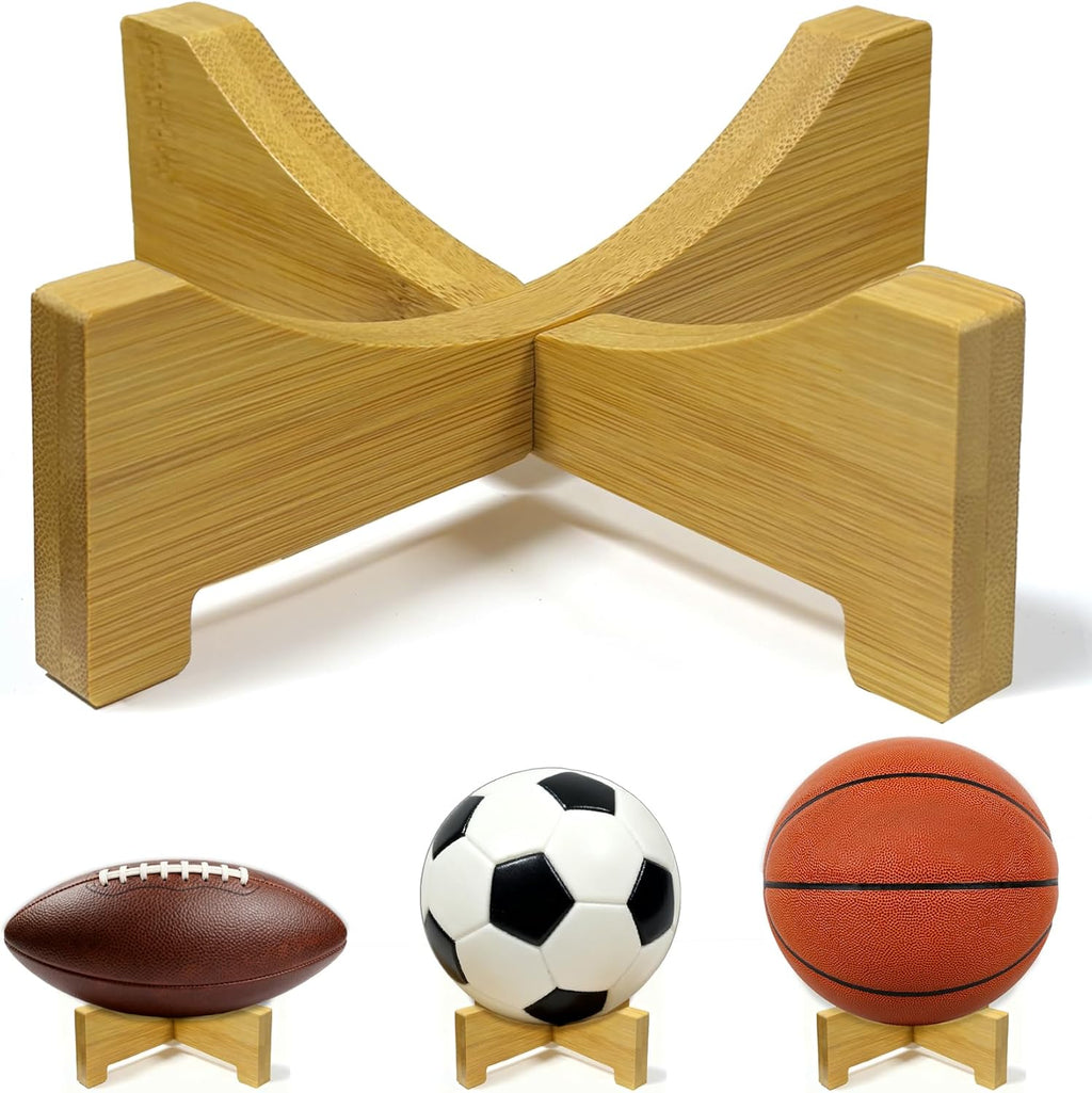 Football Display Stand – Natural Wood Ball Stand for Footballs, Basketballs, Soccer Balls, Memorabilia & Sports Collectibles, Bamboo Ball Holder for Desk Shelf