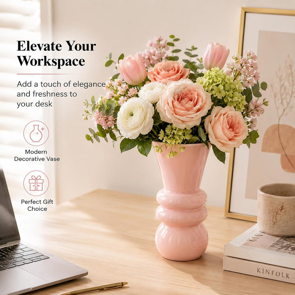 Pink Glass Vase for Flowers, Modern Decorative Flower Vase, Table Centerpiece for Dining Room, Living Room, Office Desk and Home Decor, Floral Arrangement Vase, 9.84 Inch