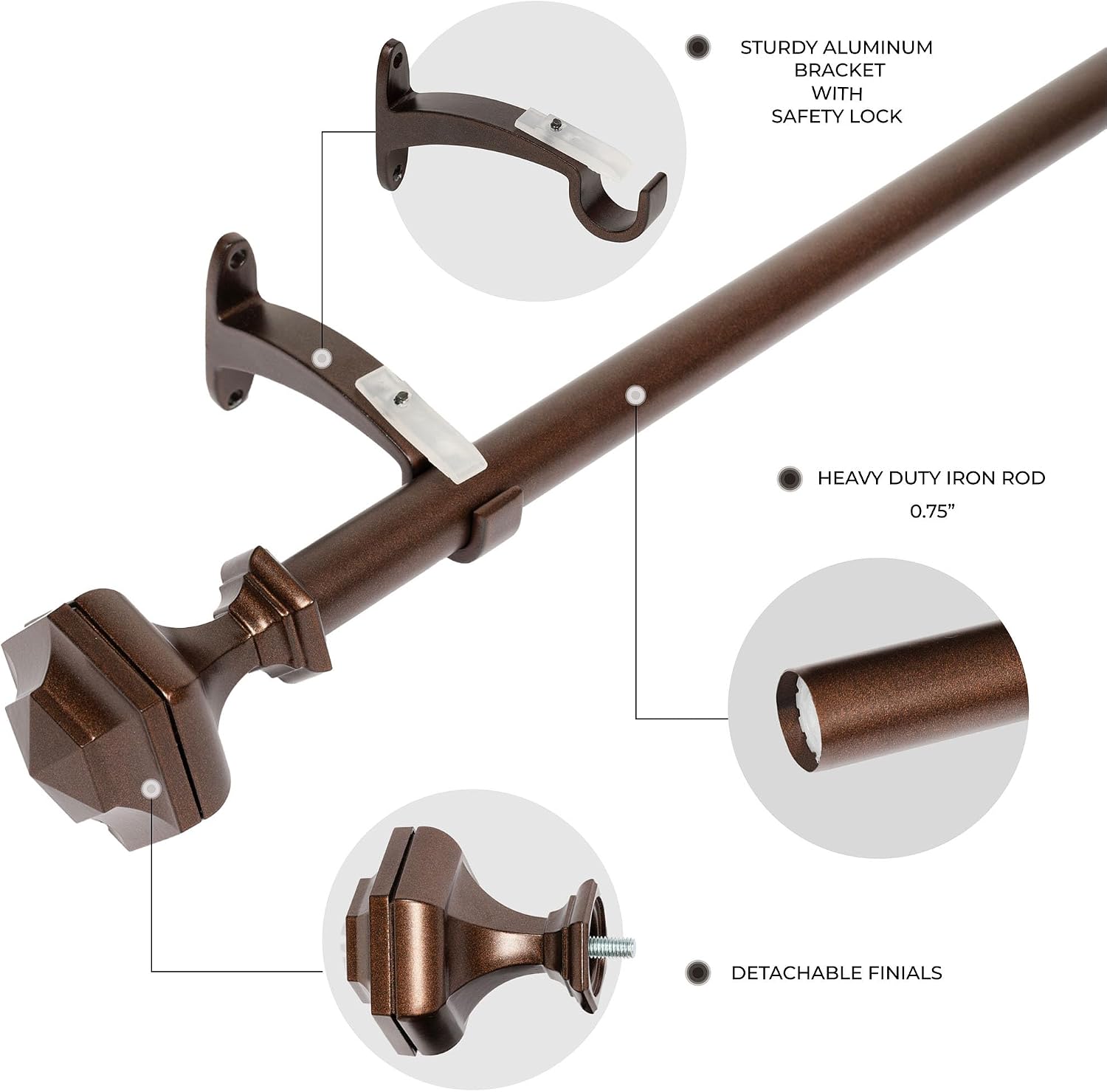 Deco Window Curtain Rods for Windows 44 – 120 Inch, 3/4 Inch Heavy Duty Extendable Metal Drapery Rod, Adjustable Curtain Rod with Decorative Hexagon Finials for Living Room Bedroom, Brown Oil Rubbed