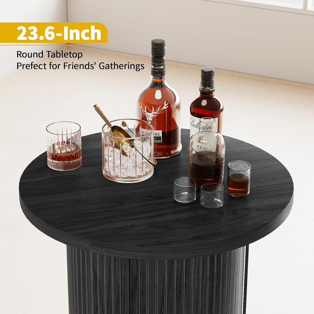 Round Bar Table with 3-Tier Hidden Storage Shelves Slide Door, 36.4'' High Top Bistro Table Cocktail Table for Small Bars, Dining Room, Living Room (Black)