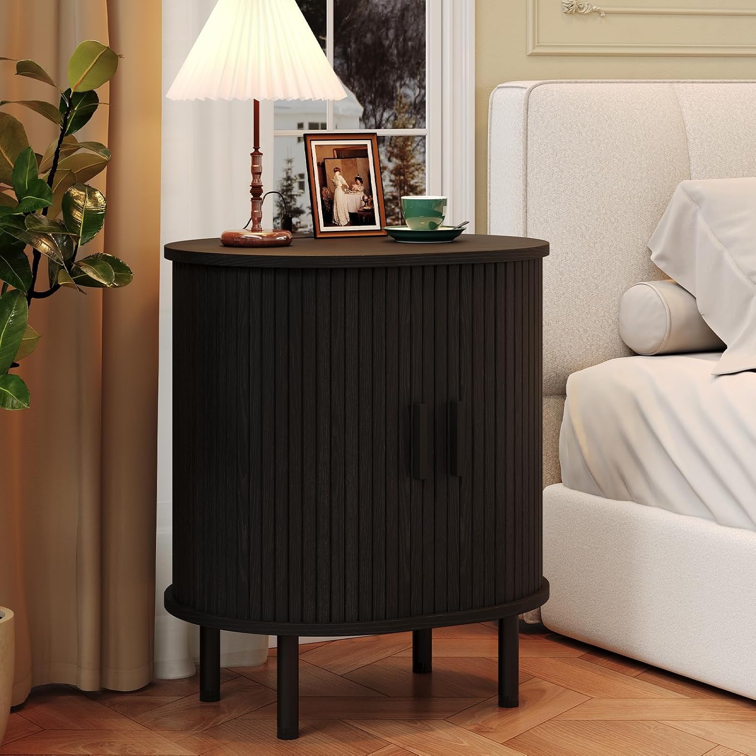 Oval End Table with Charging Station & Sliding Door, Mid-Century Modern Side Table with Storage & Adjustable Shelf, Fluted Accent Nightstand for Living Room, Bedroom (1, Black)