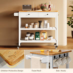 Gizoon Kitchen Island Cart on Wheels with 40'' Wood Tabletop | 2 Open Tiers Storage Shelves and Towel Rack, Rolling Utility Cart with 3 Side Hooks and 2 Drawer for Dining Room, Bar, White
