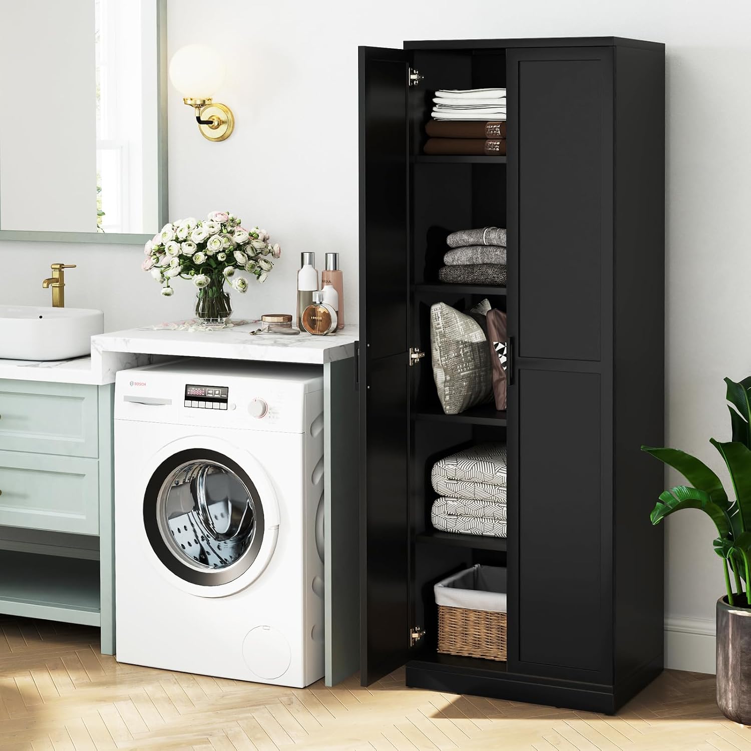 TANGZON Tall Kitchen Cupboard, 5-Tier Storage Cabinet with 2 Adjustable Shelves, Doors & Anti-tipping Device, Freestanding Wooden Tall Sideboard Unit for Pantry Dining Living Room (Black)