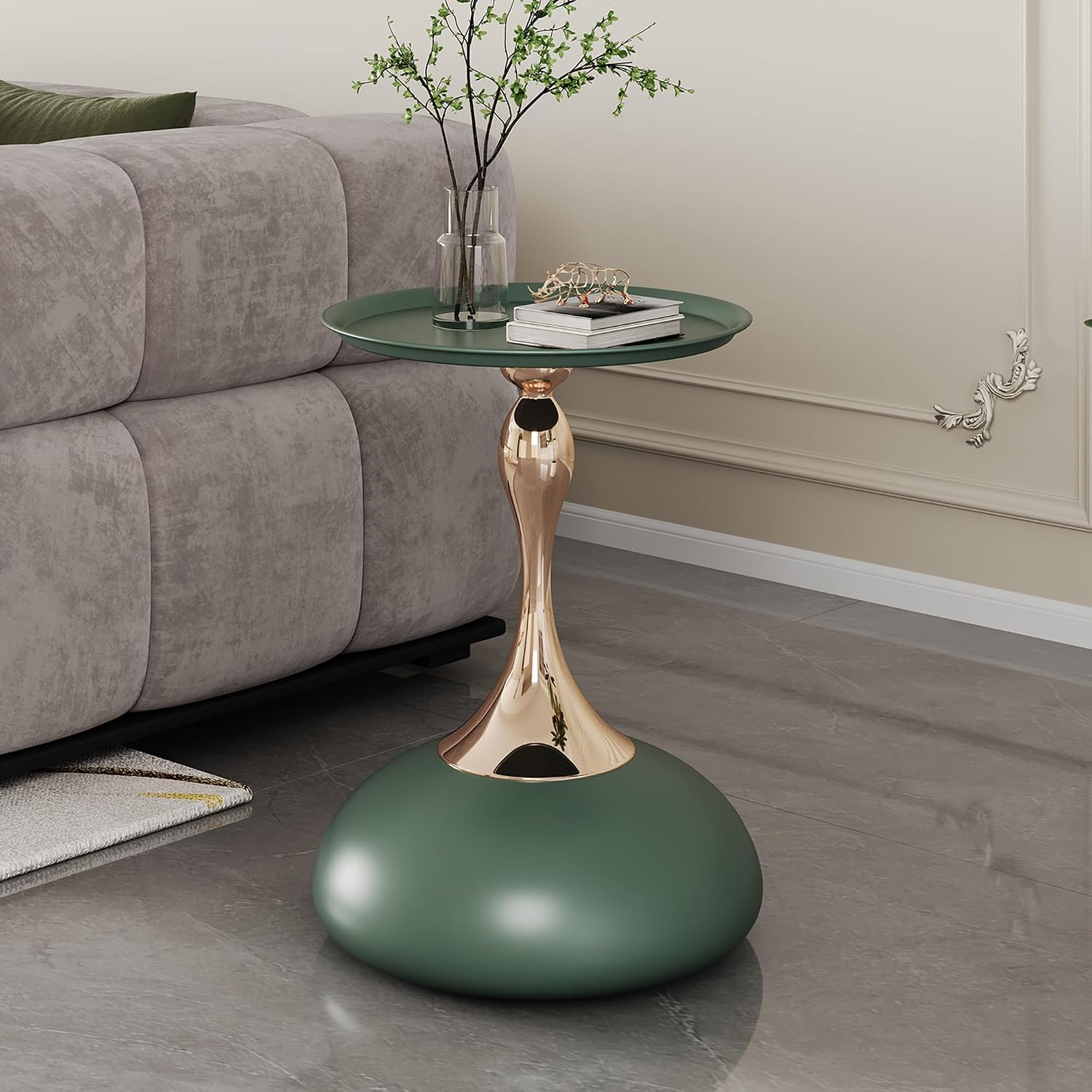 Green Round Side Table for Small Spaces, Small End Table with Metal Pedestal, Minimalist Corner Accent Table for Sofa, Bedroom, Living Room, Easy Assembly