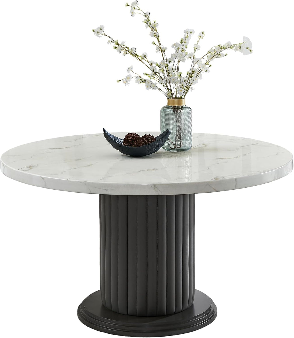 54" Round Dining Table White Faux Marble Top Gray PVC-Upholstered Pedestal Column Gray Wood Base, Fluted Stitching, Foam Padding, Sturdy MDF & Plywood, Modern Contemporary Kitchen Dining, Seats 6