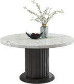 54" Round Dining Table White Faux Marble Top Gray PVC-Upholstered Pedestal Column Gray Wood Base, Fluted Stitching, Foam Padding, Sturdy MDF & Plywood, Modern Contemporary Kitchen Dining, Seats 6
