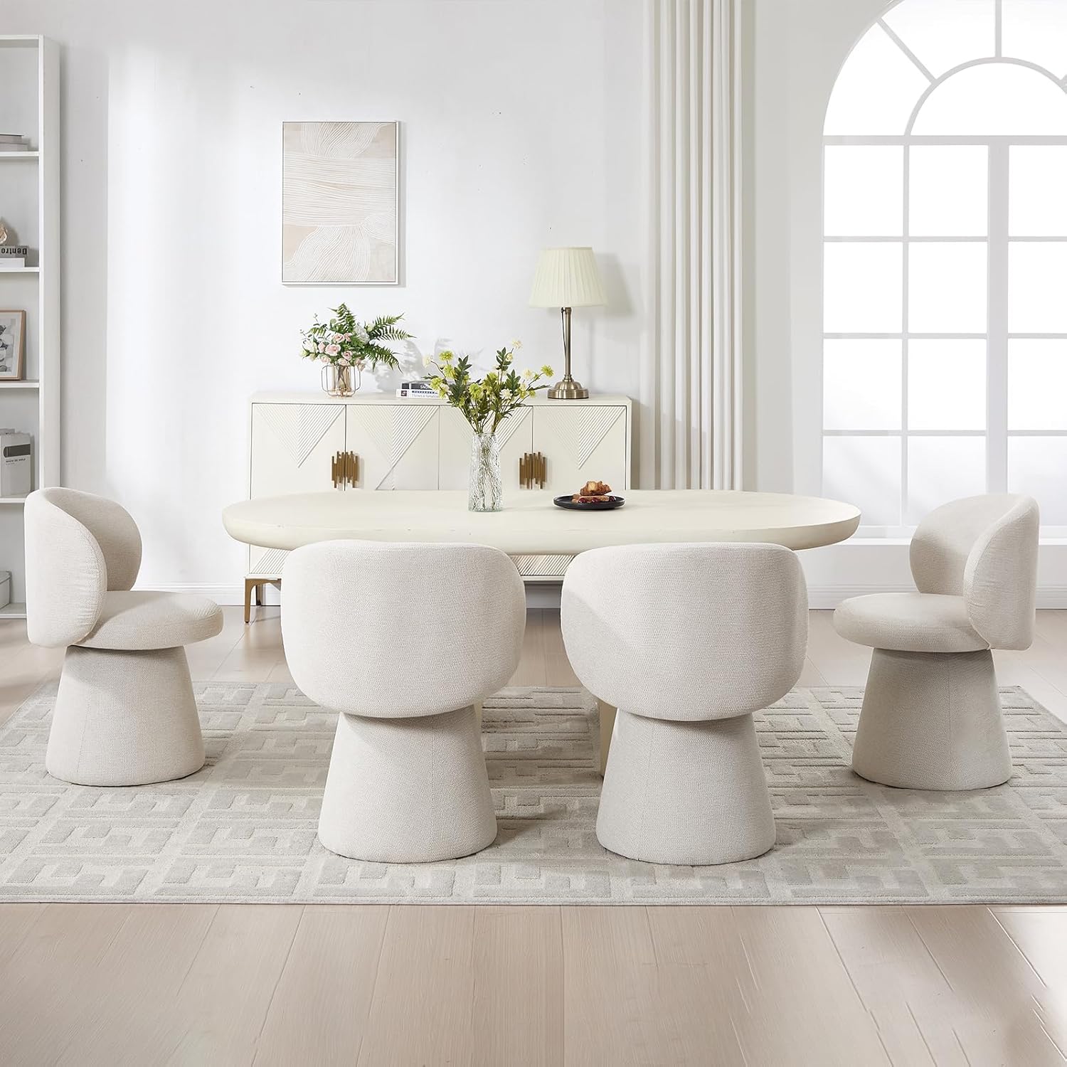 Swivel Dining Chair Set of 1, Modern Chenille Upholstered Boucle Swivel Barrel Chair, Comfy Fabric Accent Side Chairs for Kitchen Dining Living Vanity Room Bedroom, Beige