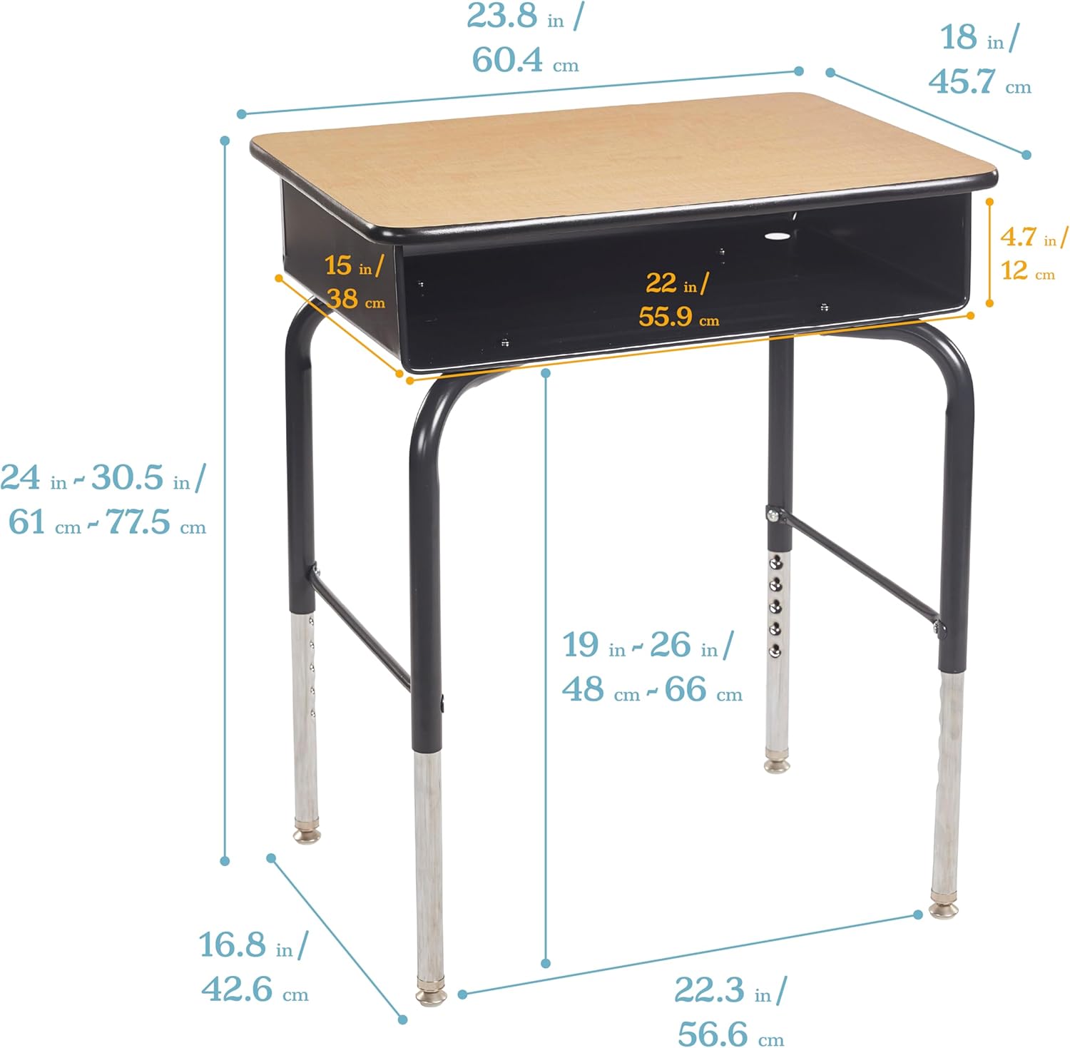 ECR4Kids Open Front Desk with Metal Storage Book Box, Adjustable, Classroom Furniture, Maple/Black