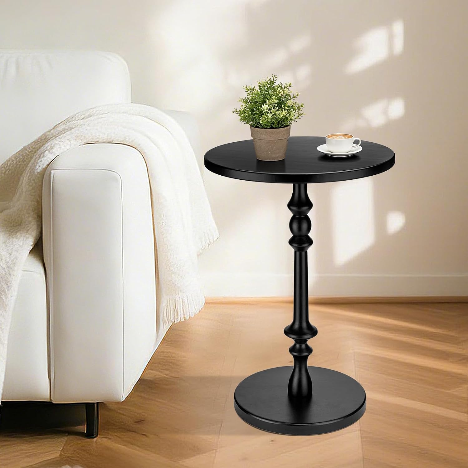 Solid Wood Round Side Table, 15.75" Small Drink Table with Non-Slip Pedestal Base, Modern End Table Accent Table for Living Room and Bedroom, Black