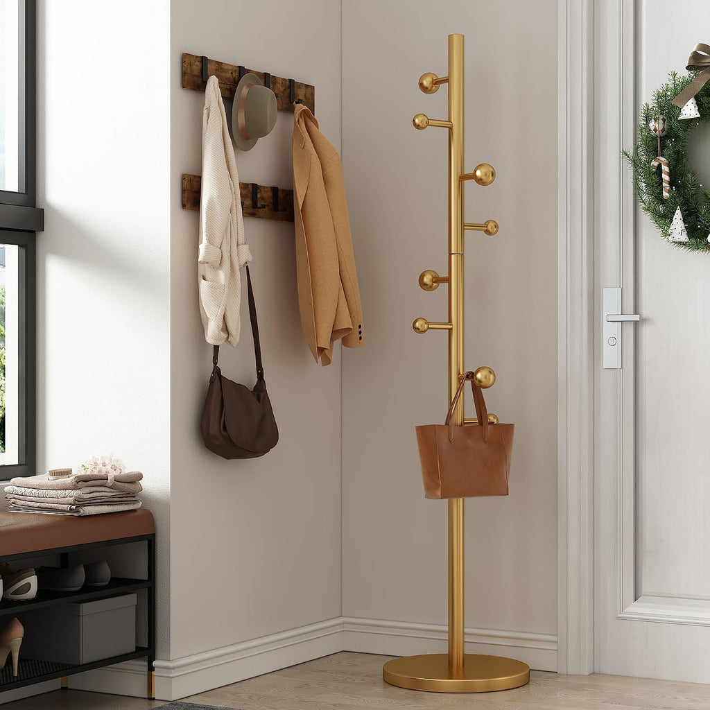 Coat Rack Freestanding Coat Tree with 8 Hooks Coat Hanger Stand,Gold | Heavy Duty Metal Coats Rack Stand for Jacket Hat Clothes Bag Stainless Steel Hall Tree Hat Racks for Entryway Bedroom Hallway