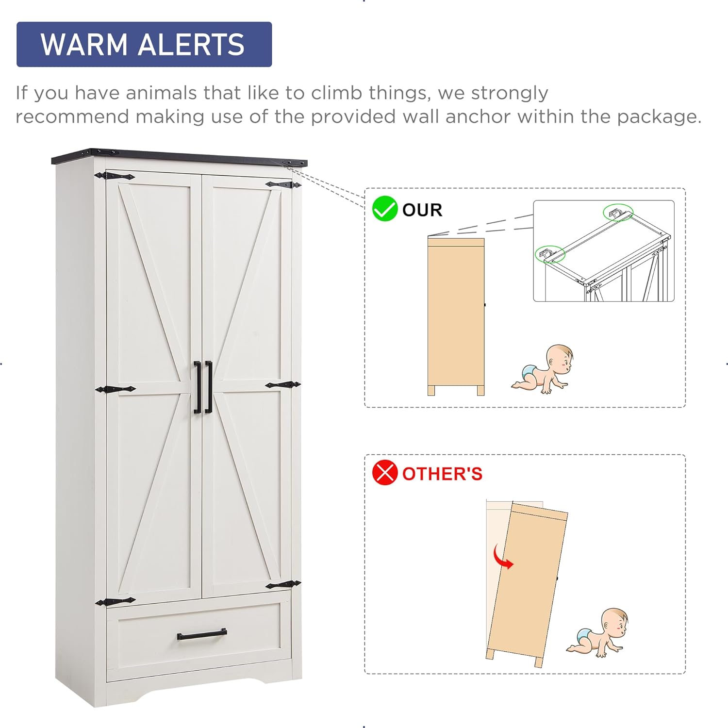JXQTLINGMU Farmhouse Kitchen Pantry Cabinet - 72" Tall Wood Kitchen Storage Cabinets with Adjustable Shelves & 2 Barn Style Doors & Drawer, Versatile Storage for Dining Room, Bathroom, Antique White