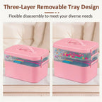 Gifhomfix 3-Layer Plastic Craft Organizers and Storage Box with Removable Trays, Storage Containers with lids and Handle, Art Supply Storage Organizer for Bead, Ornament, Nail Polish, Tape（Pink）