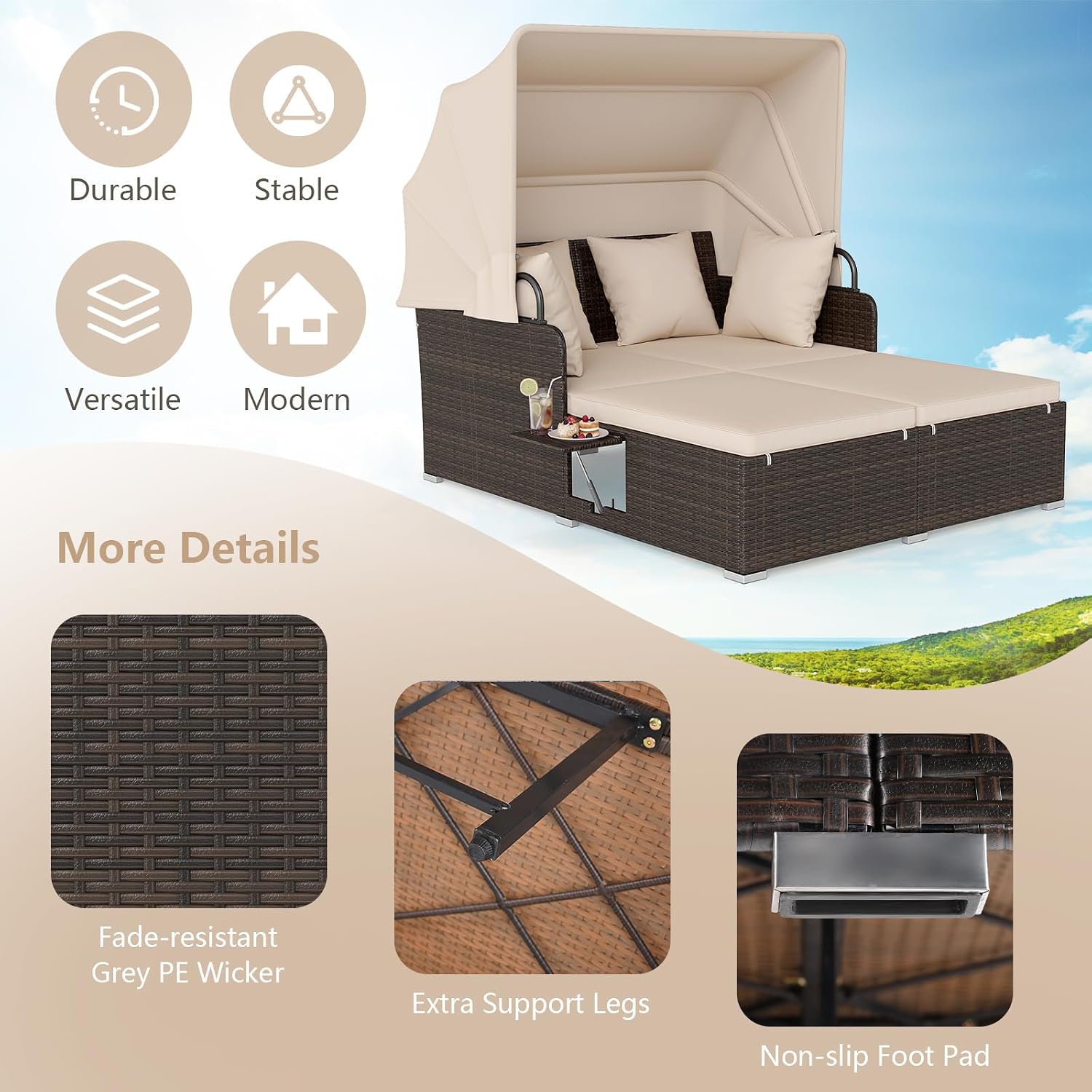 HAPPYGRILL Outdoor Wicker Lounge Daybed, Hand-Woven PE RattanDaybed, Patio Loveseat Sofa Set with Retractable Canopy & Side Table, Outdoor Sun Lounger with Soft Cushion