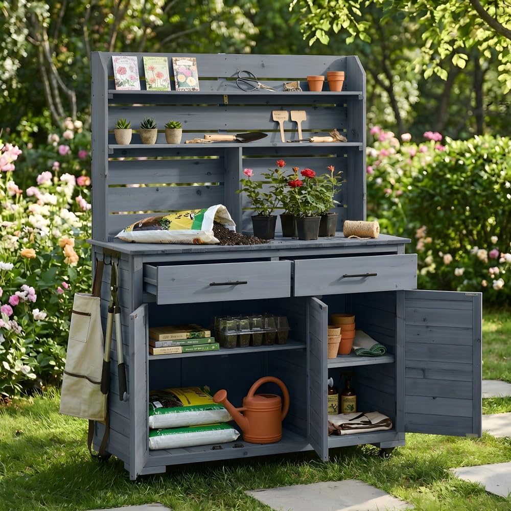 TOPMAX Potting Bench, Garden Prep Cart with Lockable Wheels, Large Storage Cabinet, Outdoor Kitchen Island, Drawers & Removable Shelves, Perfect for Grilling and Gardening Activities, Gray