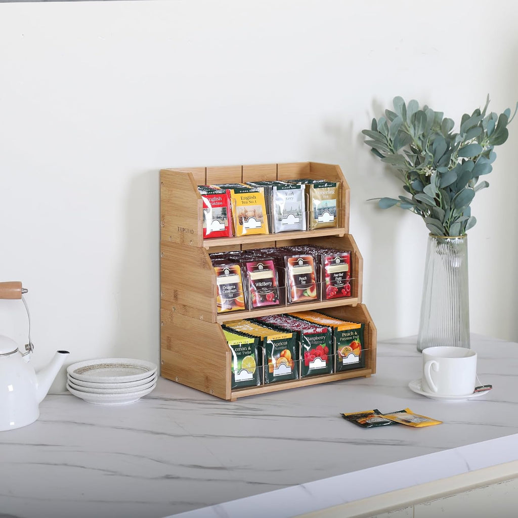 TIOPGHAD 3-Layer Stackable Bamboo Tea Bag Organizer Storage Holder, Natural | Holds 260 tea bags, Removable Compartments, Wood, Acrylic dividers, 12.2 x 7.5 x 13.8 in, for Cabinet, Countertop, Office