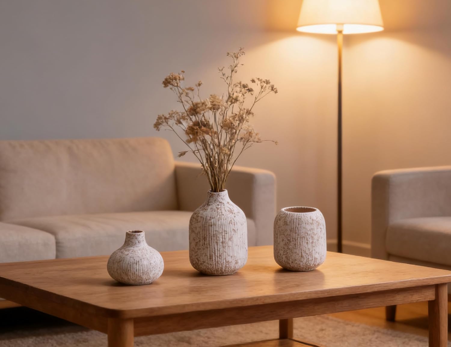 Modern Ceramic Vases Set 3, Stone Style Ribbed Vases Decorative for Table Shelf Decor Bookshelf Decoration