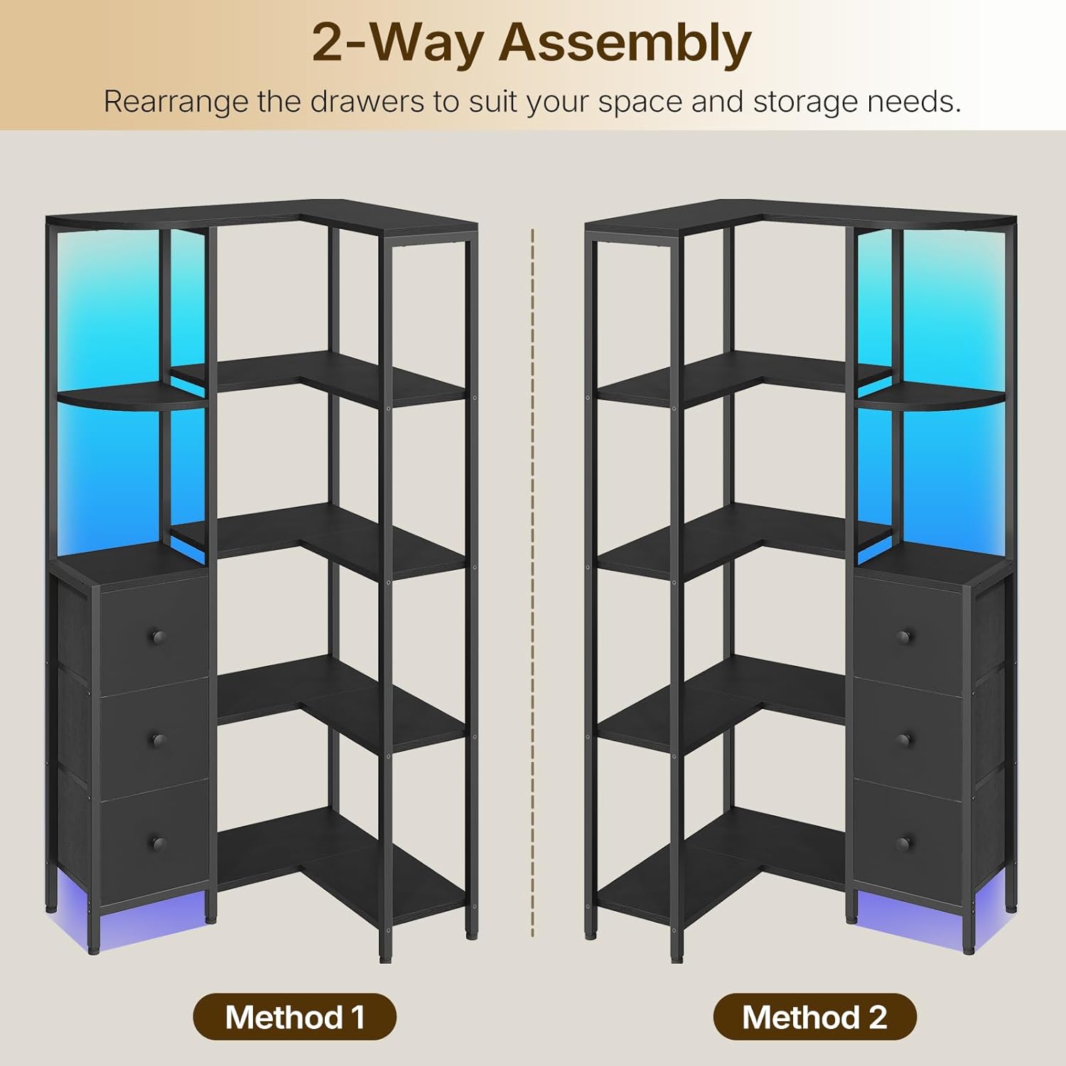 YATINEY Corner Bookshelf, 5-Tier L-Shaped Bookcase with 3 Fabric Drawers, Storage Display Shelf, Freestanding Tall Open Shelf, for Living Room, Bedroom, Home Office, Black SJ12BB