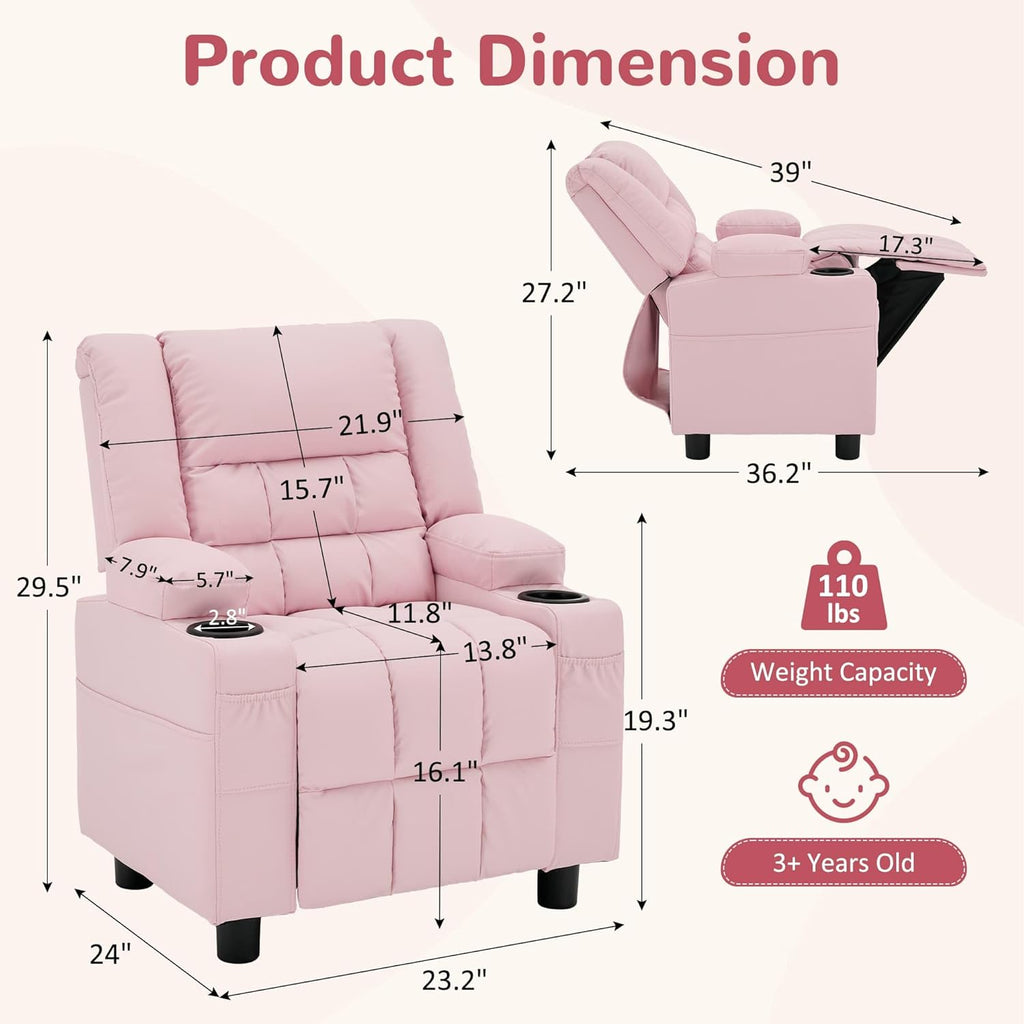 Korser Kids Recliner Chair, Toddler Recliners with Adjustable Push Back Design, Kids Recliner Sofa with Cup Holder, Footrest & Side Pockets for Boys Girls Room. (Pink, 110 lbs Capacity)