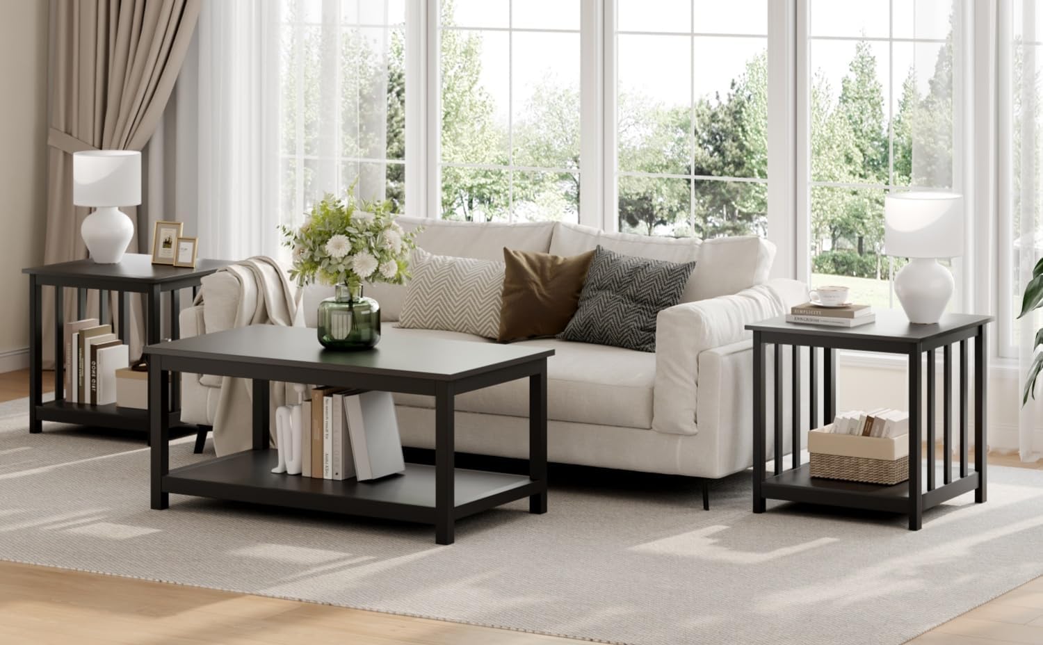 Treocho Large End Tables Living Room Set of 2 with Storage Shelf | Side Table, 24 InchModern Nightstand, Living Room, Bedroom, Office, Black