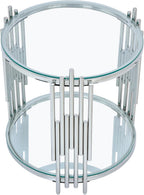 Modern Glass End Table, 19.69" Round Sofa Side Table with Silver Stainless Steel Frame and Clear Glass Top, Cocktail Tea Table, Luxury 2-Tier End Table with Storage Shelves for Home Office