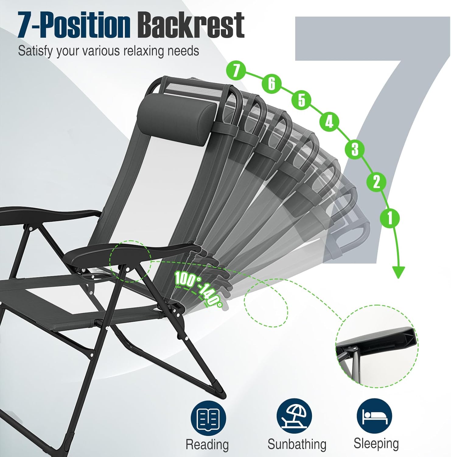 Giantex Set of 2 Patio Folding Chairs, Portable Outdoor Dining Chairs with 7-Level Adjustable Backrest, Headrest, Metal Frame, Outside Recliner for Front Porch Camping Picnic Lawn Garden, Dark Gray