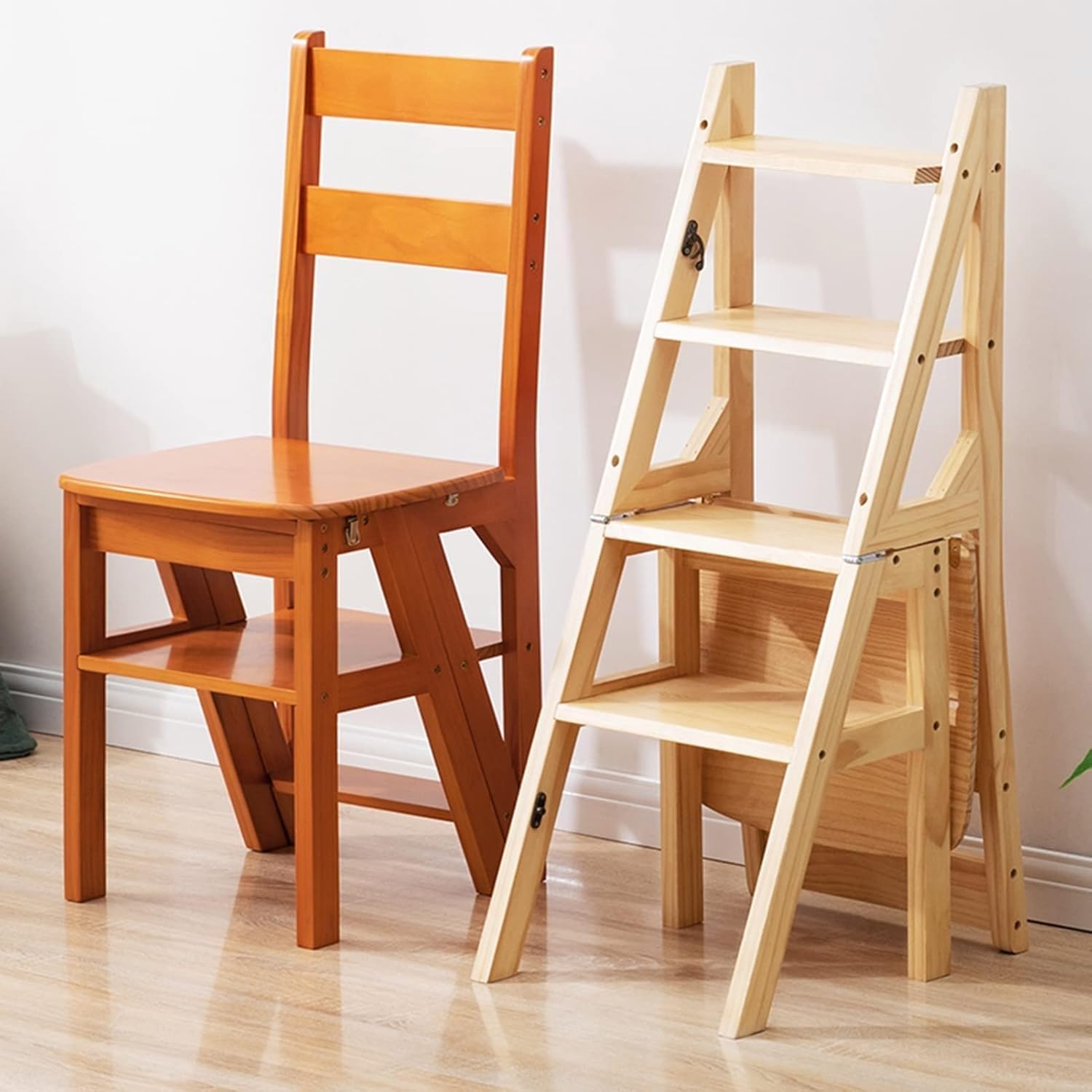 Solid Wood Folding Library Ladder Chair Step Stool 4 Step Dual Purpose Stepladder Display Stand Flower Stand(Wood)