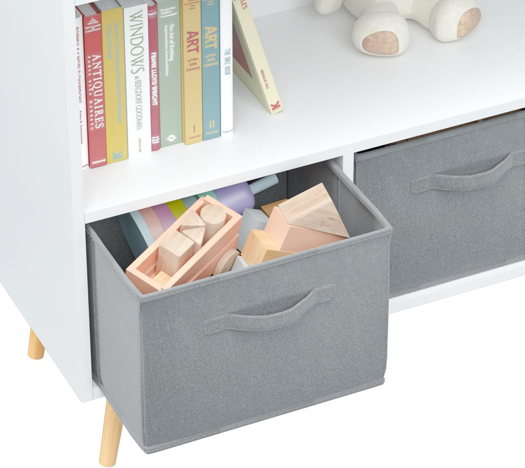 Kids Bookcase, Multi Shelf Cubby with 3 Collapsible Fabric Drawers, 3-in-1 Toy Storage Cabinet Organizer, Wooden Kids Book Display for Bedroom, Nursery, Playroom, White+Gray