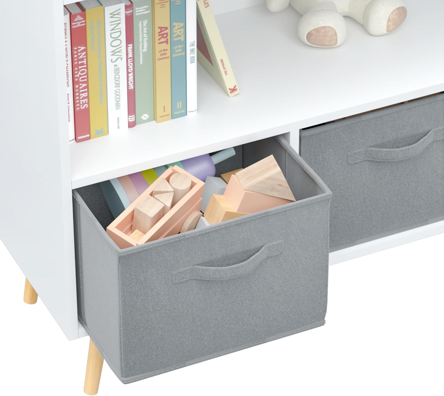 Kids Bookcase, Multi Shelf Cubby with 3 Collapsible Fabric Drawers, 3-in-1 Toy Storage Cabinet Organizer, Wooden Kids Book Display for Bedroom, Nursery, Playroom, White+Gray