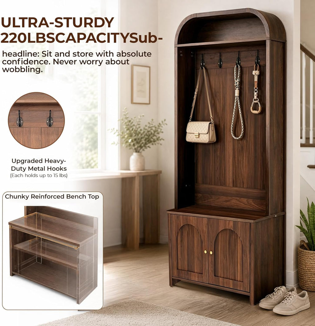 Narrow Entryway Hall Tree with Storage Bench, Modern Fluted Coat Rack and 2-Door Shoe Cabinet for Small Spaces, Arched Mudroom Organizer to Hide Clutter, Walnut