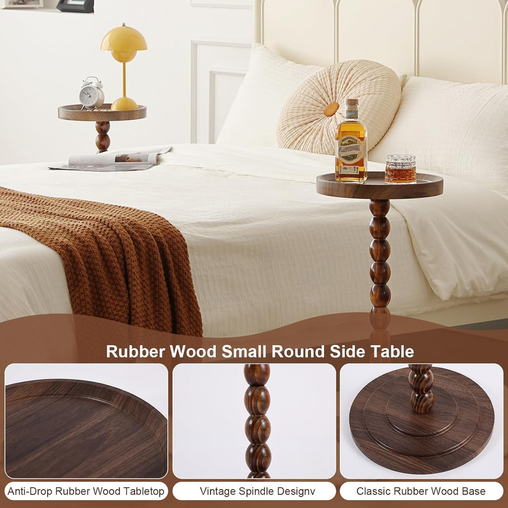 Small Drink Table, Round Drink Side Tables for Small Spaces, Wood Martini Table for Bedside and Sofa Couch, Pedestal Cocktail Coffee End Table for Living Room, Bedroom, Corners (Walnut)
