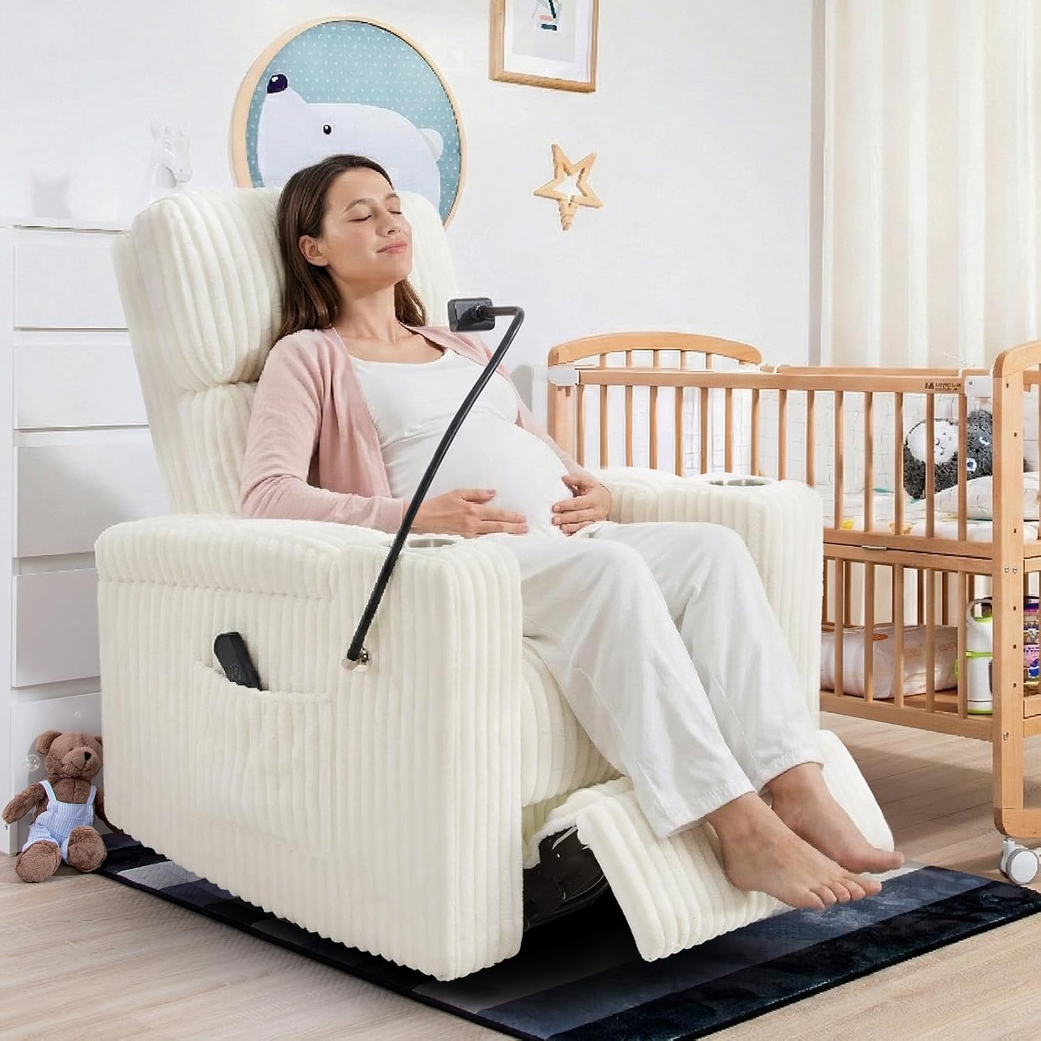 Power Swivel Rocking Chair Nursery with Armrest Storage, Skin-Friendly White Corduroy Nursing Chair Copy Thickened High-Density Foam Rocking Recliner with USB & C Port, Cup & Phone Holder