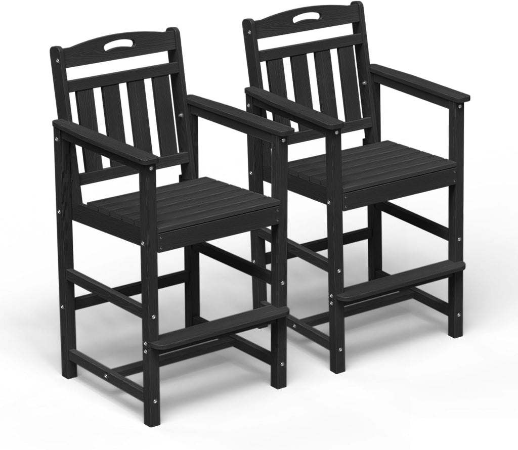 Outdoor Patio Tall Adirondack Bar Chairs Set of 2, All-Weather HDPE Bar Height Adirondack Stools for Balcony, Bistro, Garden, Backyard, Pool, Deck | Black
