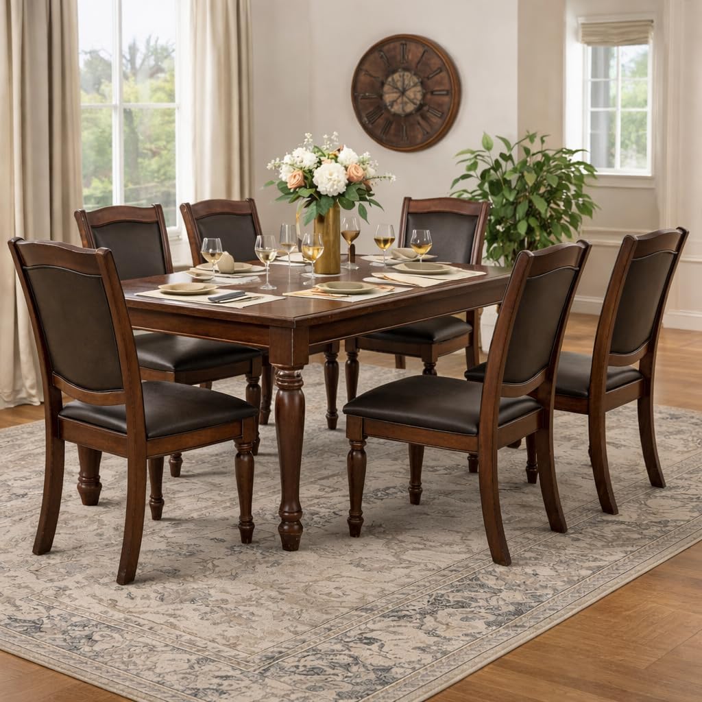 Pemberly Row Wood Dining Chairs Set of 6 in Brown Cherry Finish with Faux Leather Upholstery, Traditional Style Side Chairs for Dining Room with 19'' Back