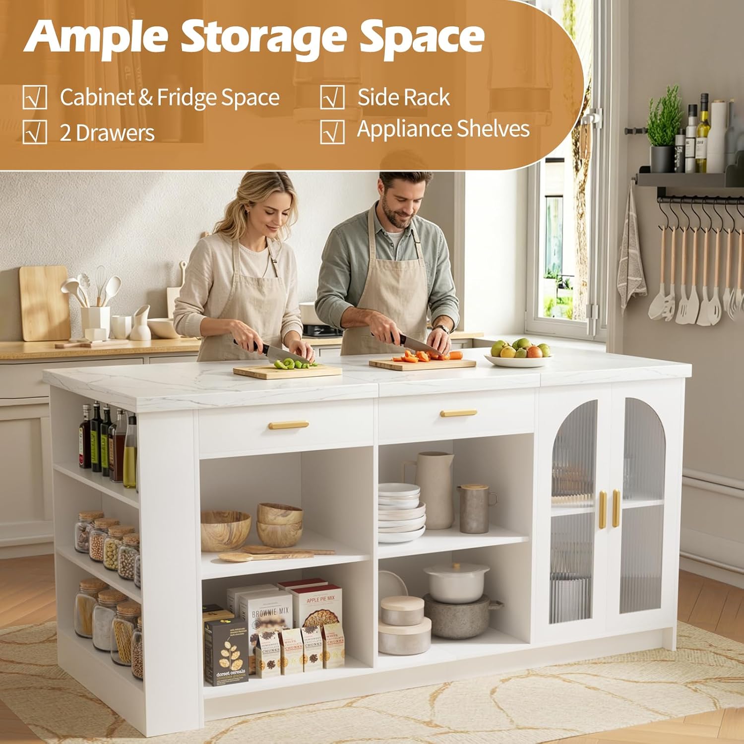 71"x 35.4" Large Imitation Marble Dining Table with Storage, Kitchen Island with Power Outlet & LED Lights, Fridge Space, Modern Wood Counter Height Island Bar