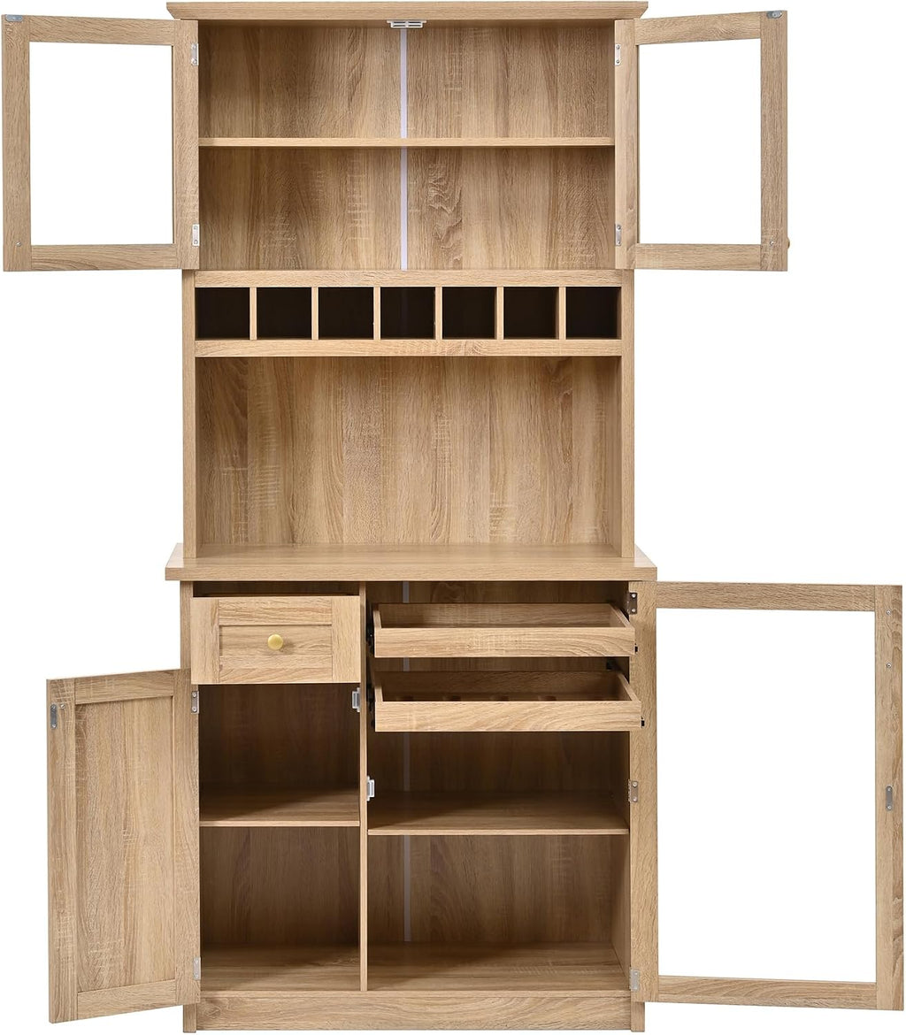 Farmhouse Freestanding Buffet with Hutch, Tall Kitchen Pantry with Wine Rack and Adjustable Shelves,for Dining Room (Natural-W)