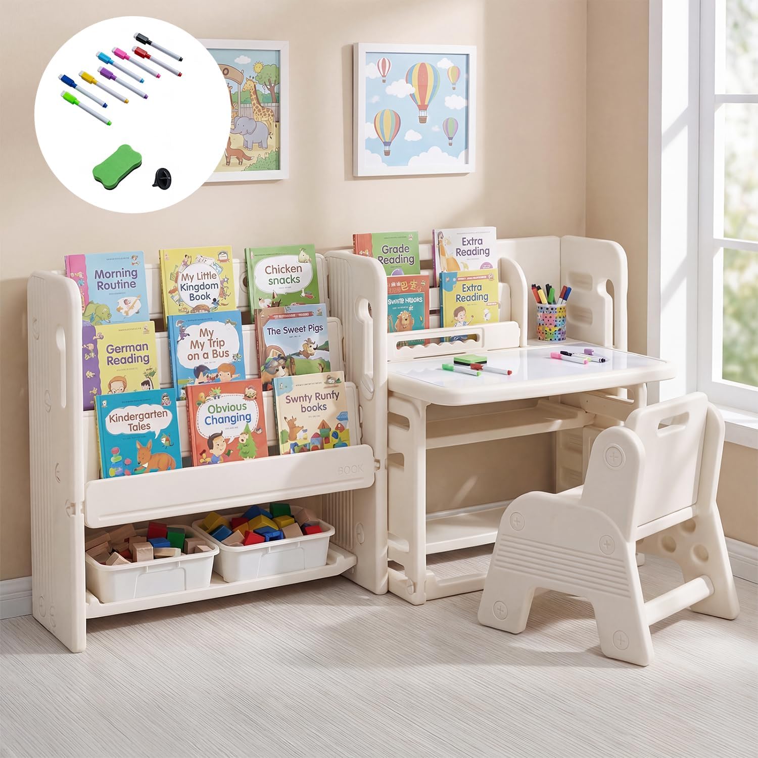 Costzon Toddler Table and Chair Set, Art Desk Set w/Side Bookshelves, Storage Boxes, Whiteboard & Tiltable Desktop, Kids Table and Chair for Writing, Painting, Reading