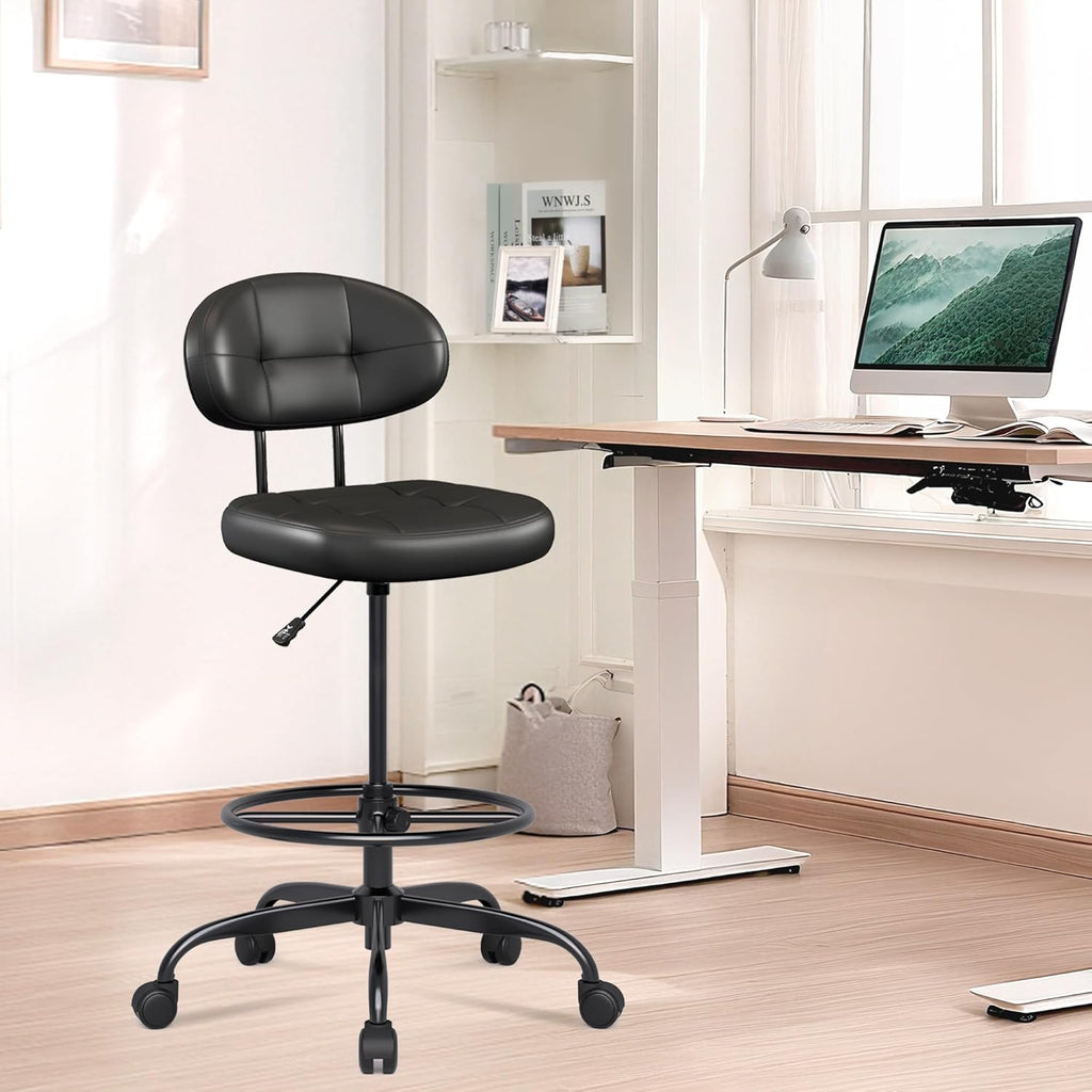 Misolant Drafting Chair Without Arms, Tall Office Chair with Footrest Ring for Standing Desk, Small Faux Leather Executive Office Chair with Adjustable Height for Bar Lab Counter Height Desk, Black