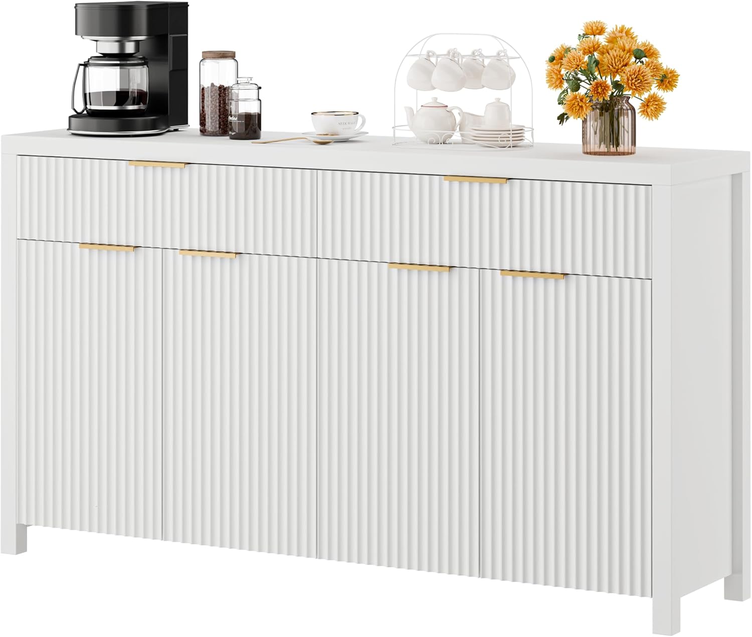 Lulive Fluted Storage Cabinet with Drawers Buffet Sideboard Cabinet with Adjustable Shelves for Kitchen Living Room, Kitchen, Entryway (White, 13.8" D x 55.09" W x 32.8" H)