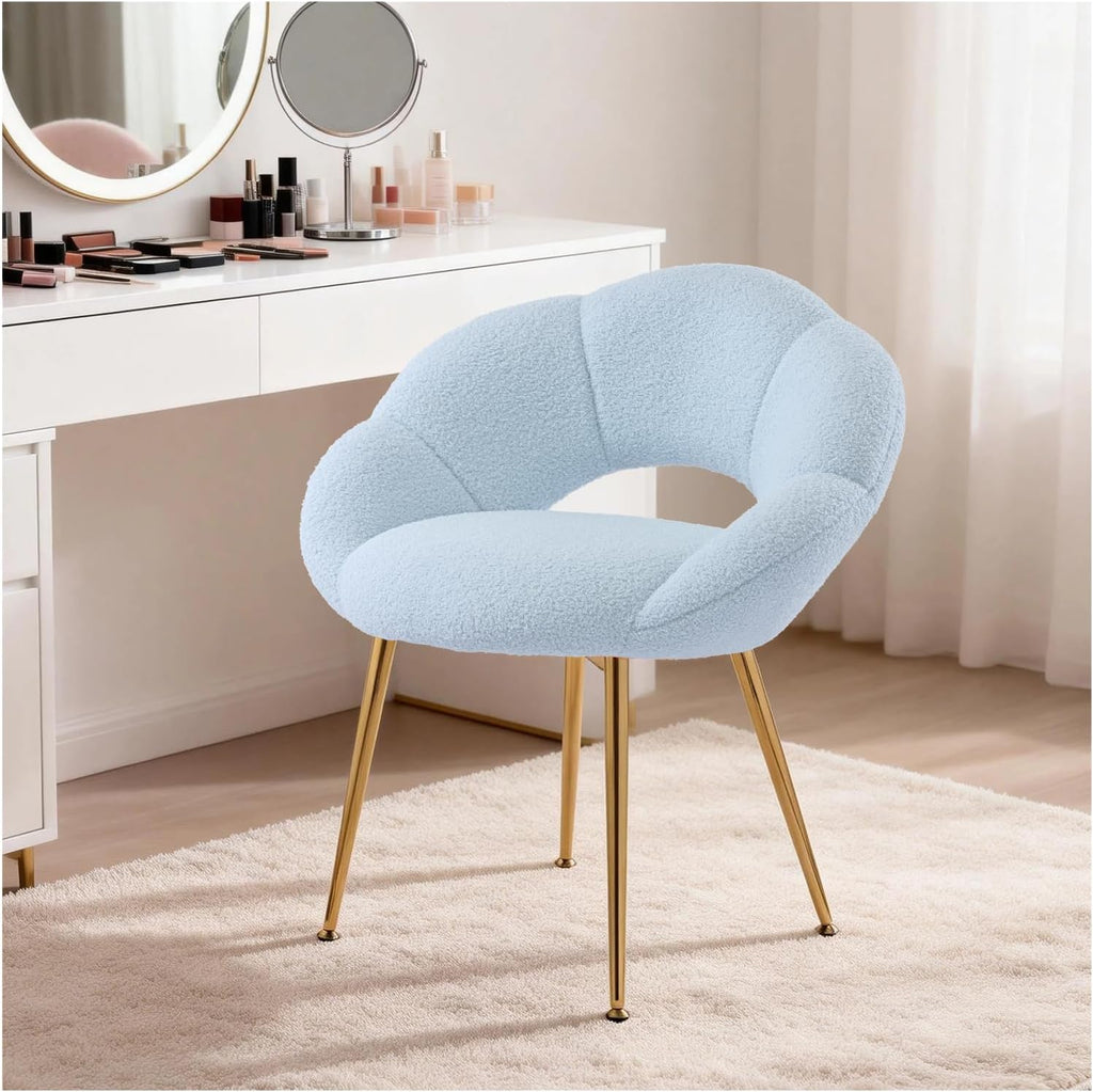 Petal Makeup Vanity Chair with Back,Modern Dining Chair,Upholstered Desk Chair for Girls with Gold Metal Legs for Home Office,Bedroom, (Blue)