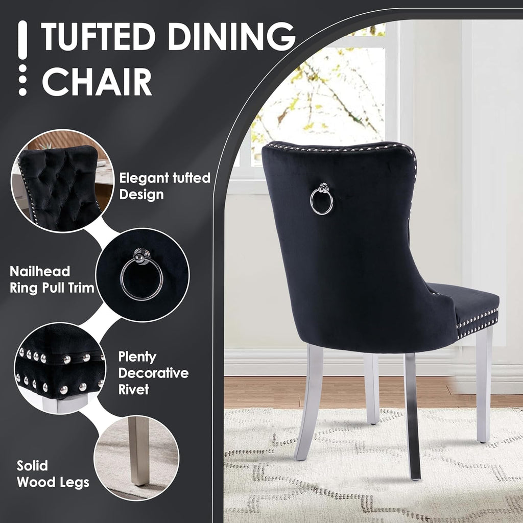 Clear Round Glass Top Dining Set for 4, 36'' Modern Luxury Circle Dinner Room Set, 5 PCS Mid Century Circular Kitchen Table Set, Black High-end Tufted Chairs, for Small Apartment (Silver)