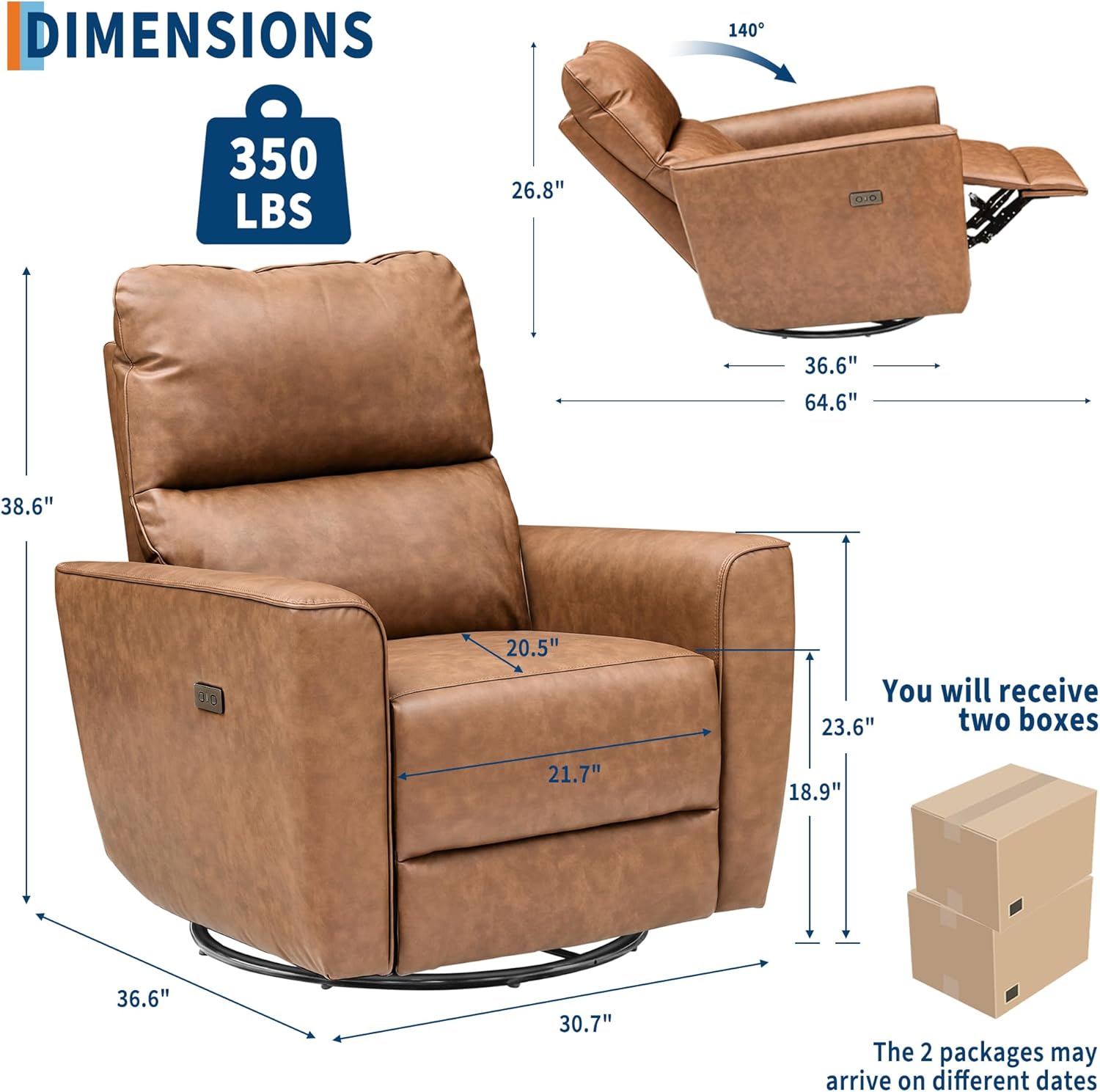 Power Recliner Chair, 270° Swivel Rocking Glider with USB Charging Port, PU Leather Upholstered Fabric, Ergonomic Modern Nursery Chair for Living Room, Bedroom, Nursery (Power Brown)